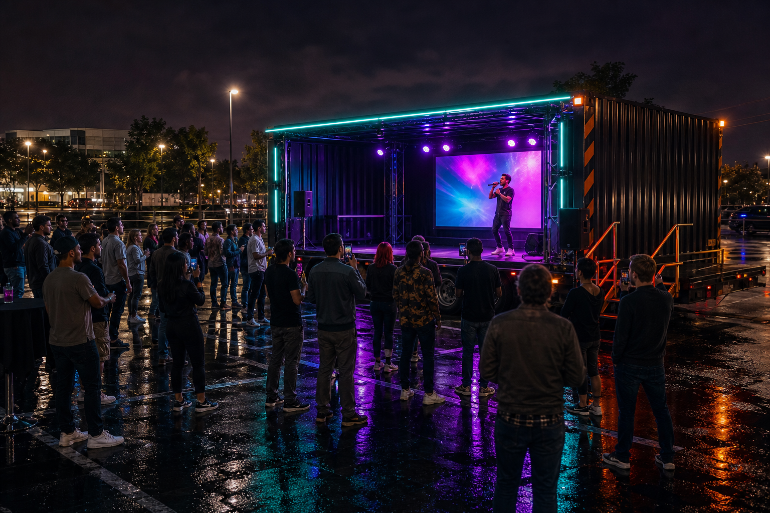 Crowd watching ROLLING MIC during a day-to-night outdoor event